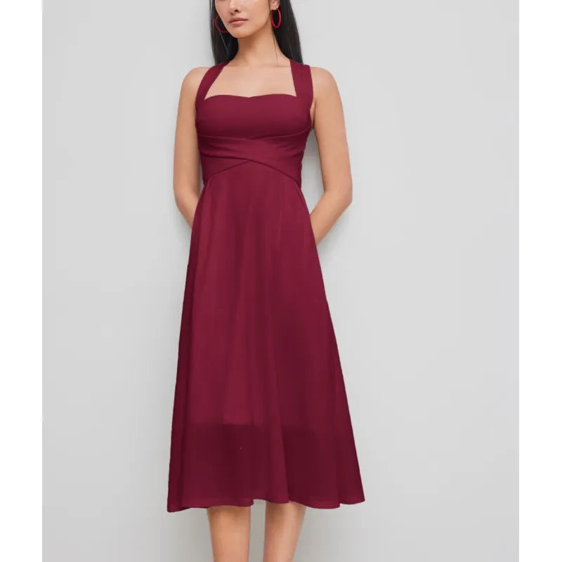 Stylish black women's midi dress with cross-waist detail, elegant square neck, & flattering A-line silhouette.