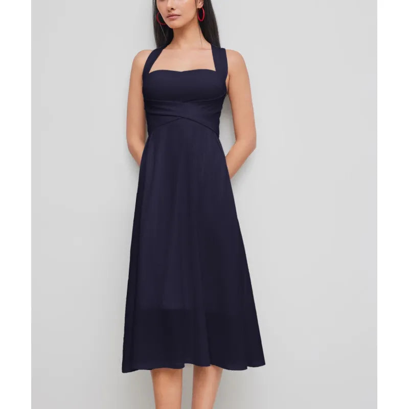 Crisp white cross-waist midi dress for women, with a chic square neckline, sleeveless cut, & A-line elegance.