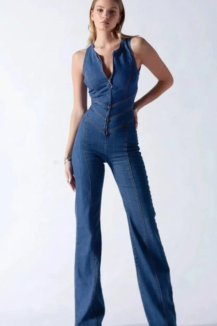 Sophisticated women's jumpsuit featuring a deep V-neck, tailored waist, & chic flared leg design.
