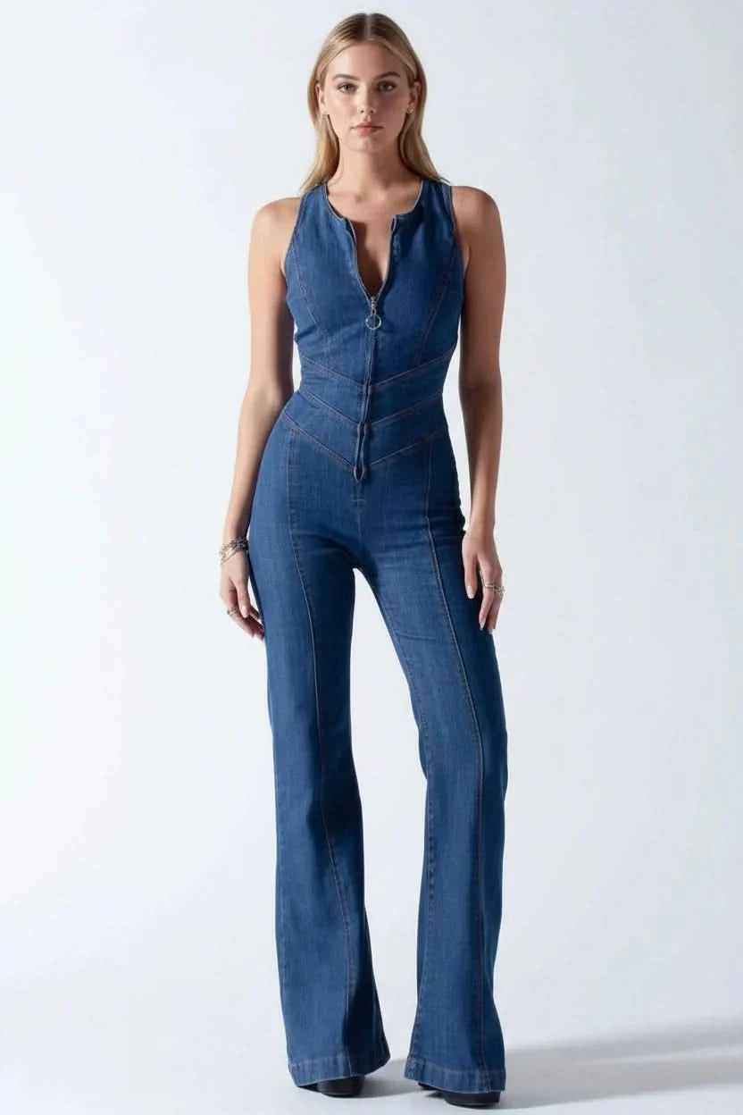 Versatile women's deep V-neck jumpsuit. Tailored fit, flared leg. Perfect stylish one-piece for casual or evening.