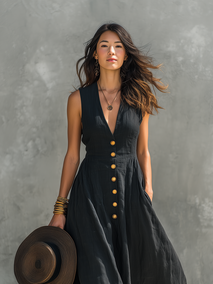 Chic deep V-neck sleeveless maxi dress for women, featuring a button front, ideal for casual or elegant summer wear.