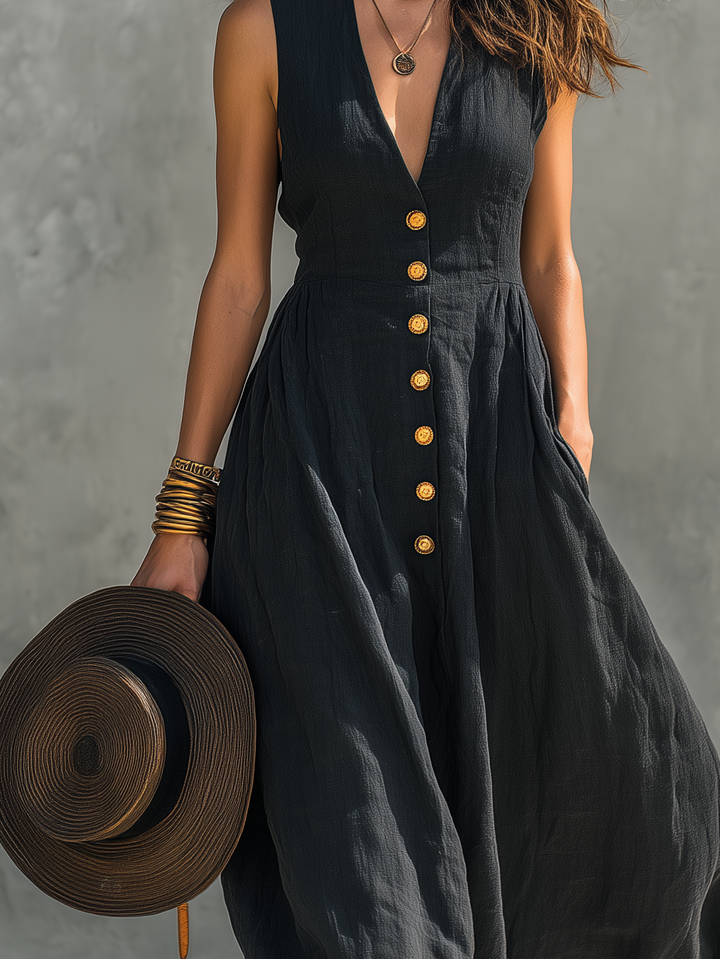 Flowy elegant women's maxi dress, deep V-neck, sleeveless, button-front design. Perfect for warm weather casual & party.