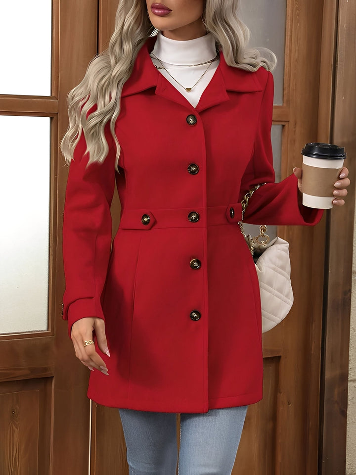 Classic women's elegant trench coat with double-breasted buttons and stylish belt.