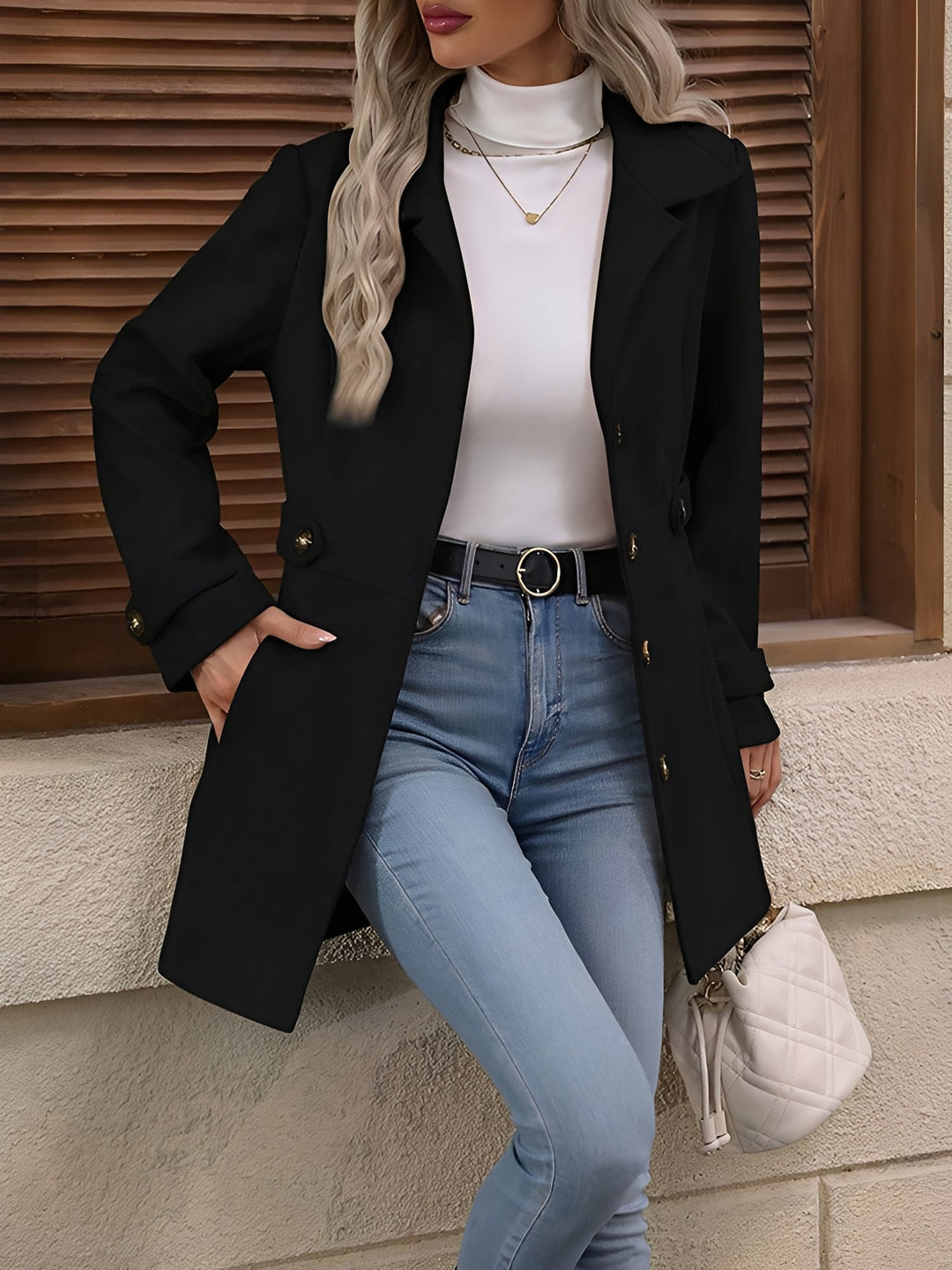 Elegant women's double-breasted trench coat, ideal for transitional weather & office wear.