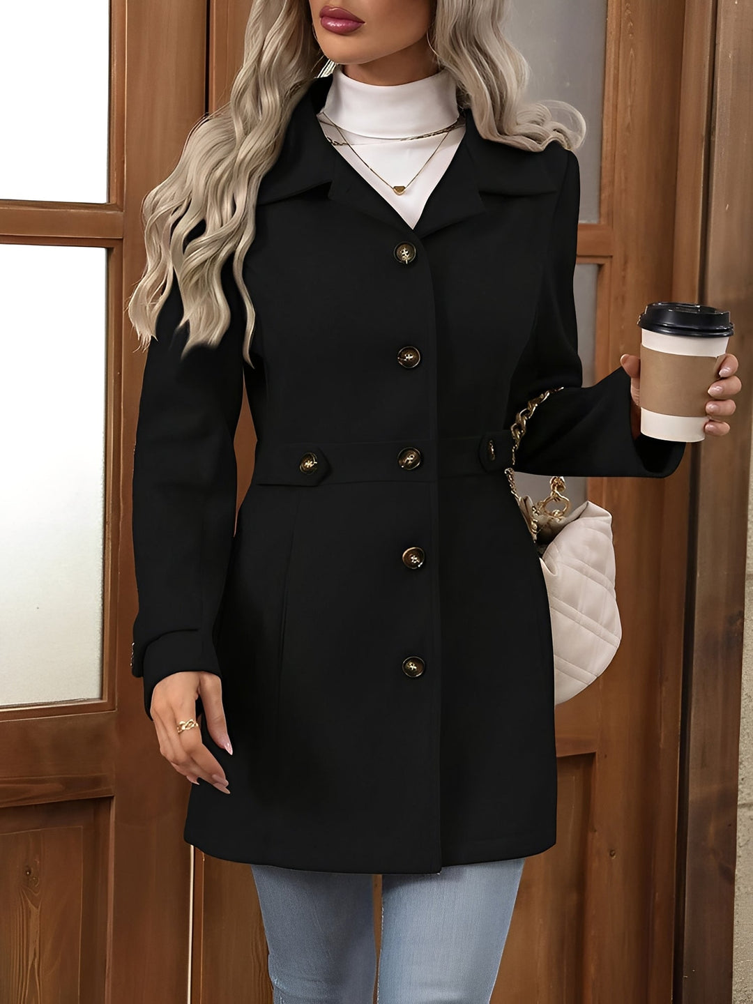 Classic women's fall fashion: elegant belted double-breasted trench coat.