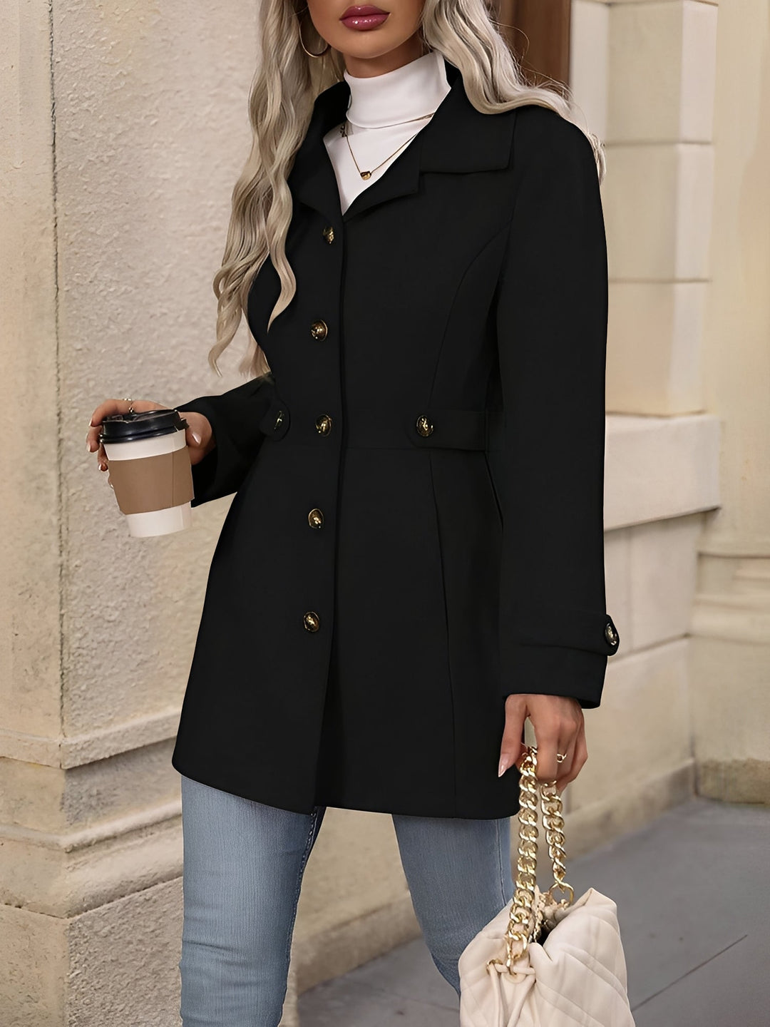 Stylish women's spring outerwear: double-breasted trench coat with a chic self-tie belt.