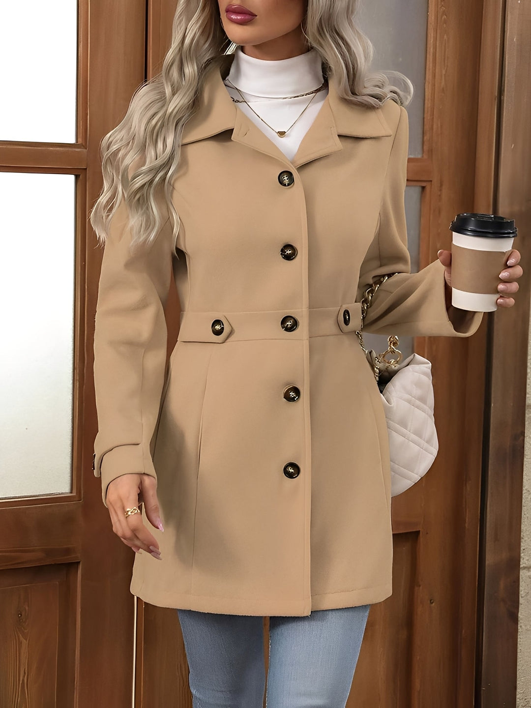 Chic longline double-breasted trench coat for women, ideal for elegant fall fashion.
