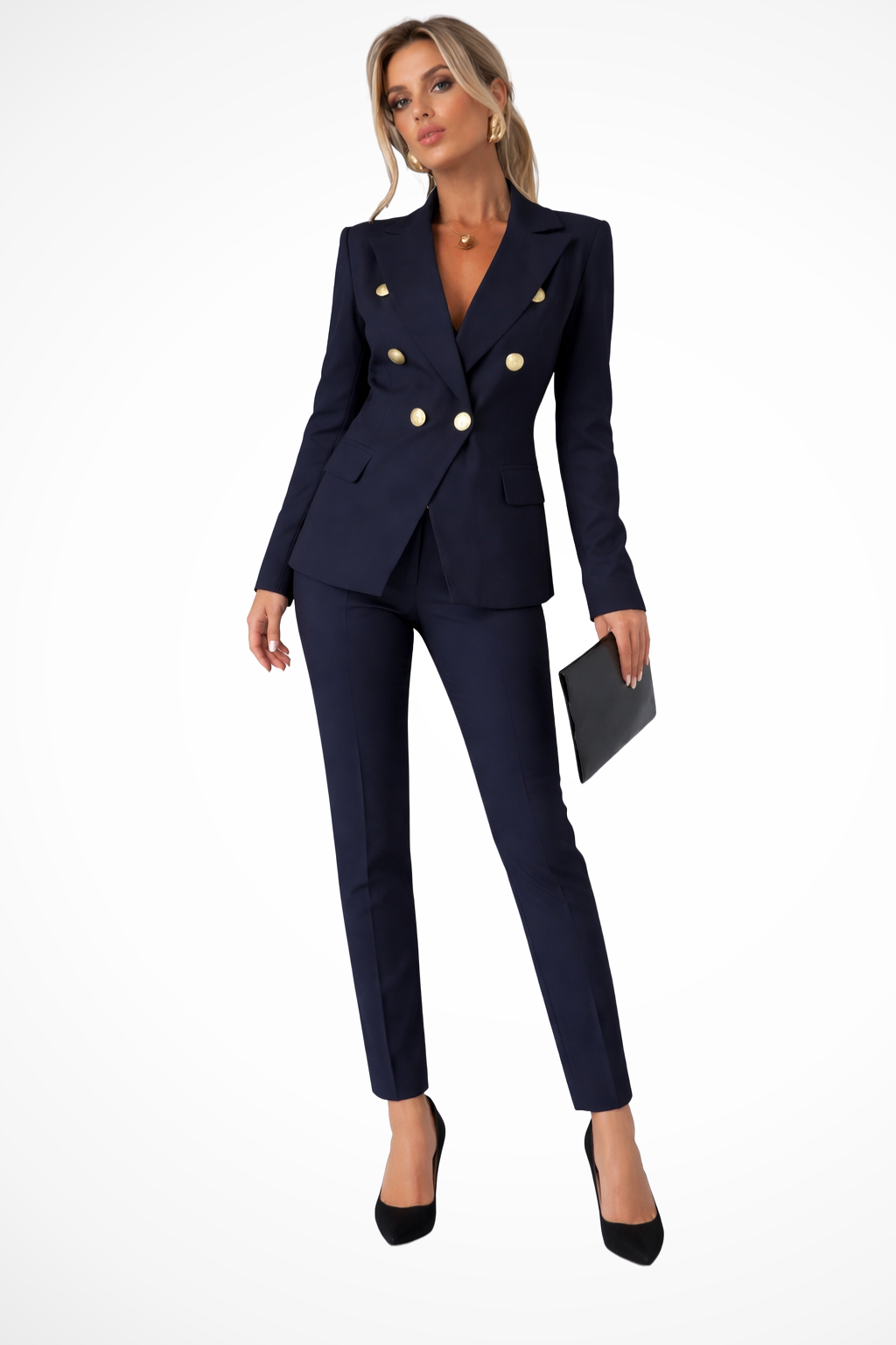 Classic women's suit featuring a double-breasted blazer and tailored pants. Versatile for office & formal wear.