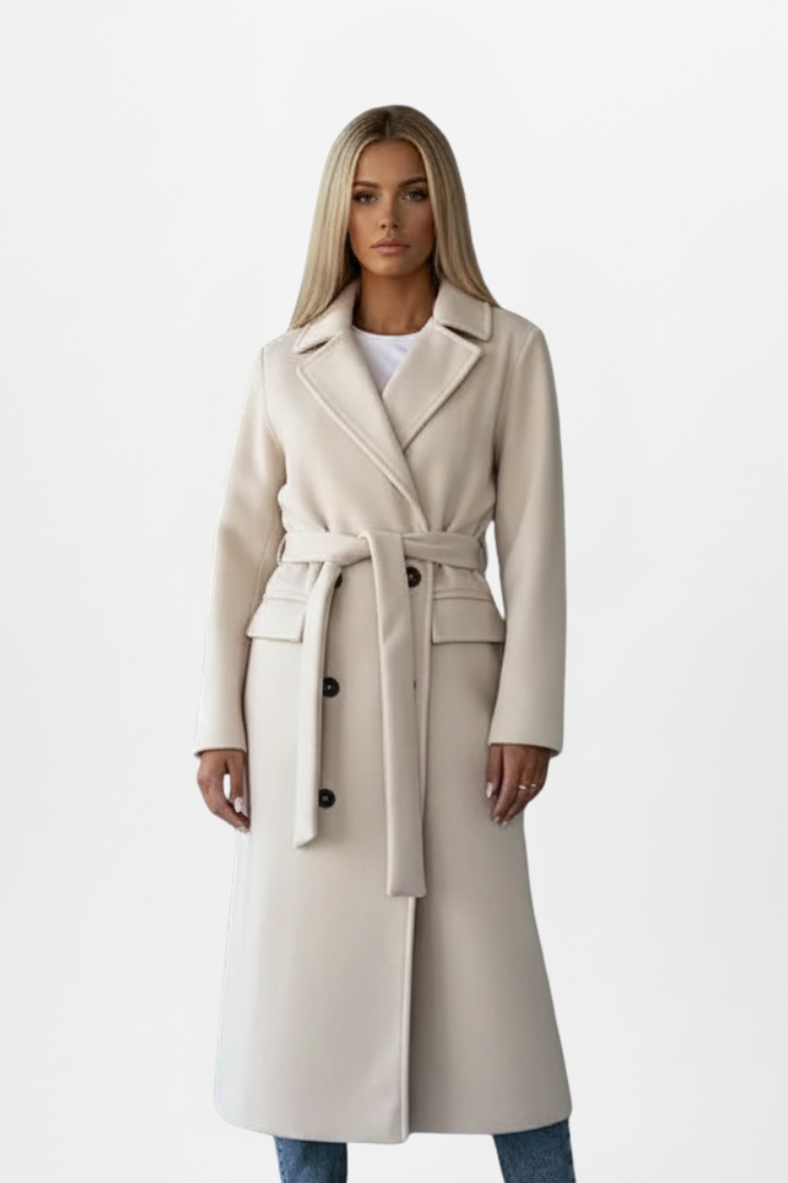 Elegant women's double-breasted long coat with belt, perfect for chic fall & winter outerwear.