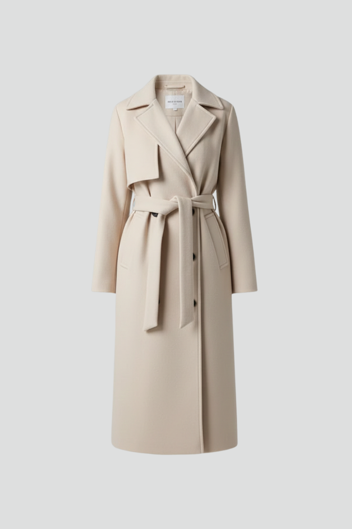 Classic women's long coat, double-breasted design, belted waist, ideal for formal office wear.