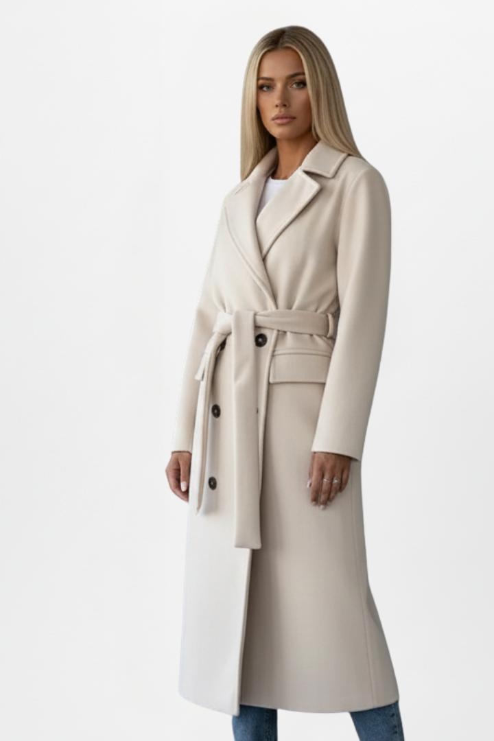Stylish women's belted long coat with notch collar, tailored for elegant workwear & winter fashion.
