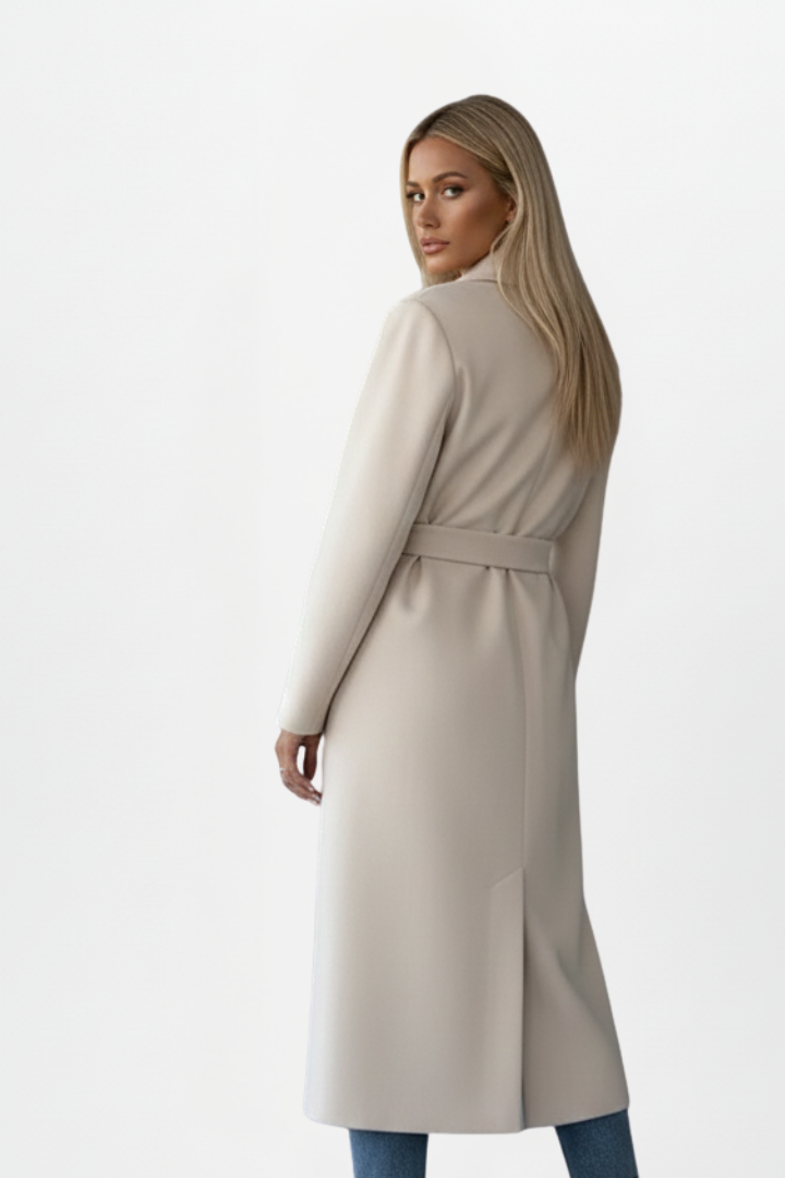 Chic women's double-breasted winter coat, long length & belted for a sophisticated outerwear look.