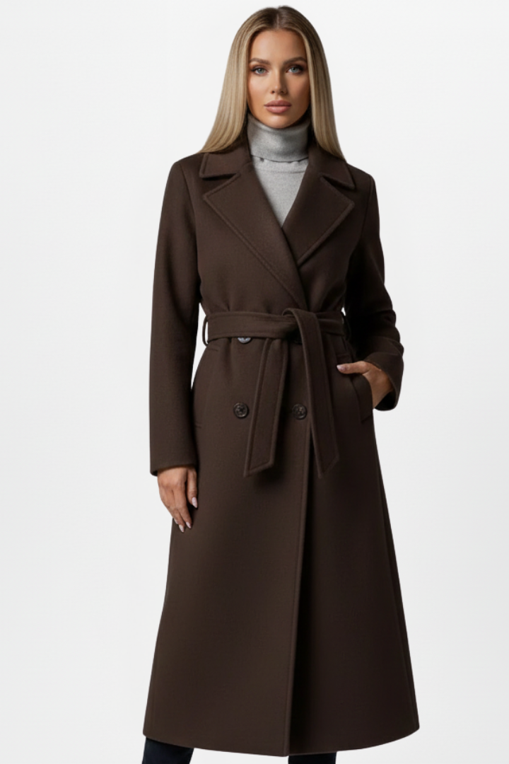 Fashionable women's long double-breasted coat with a flattering belt, classic style for fall.