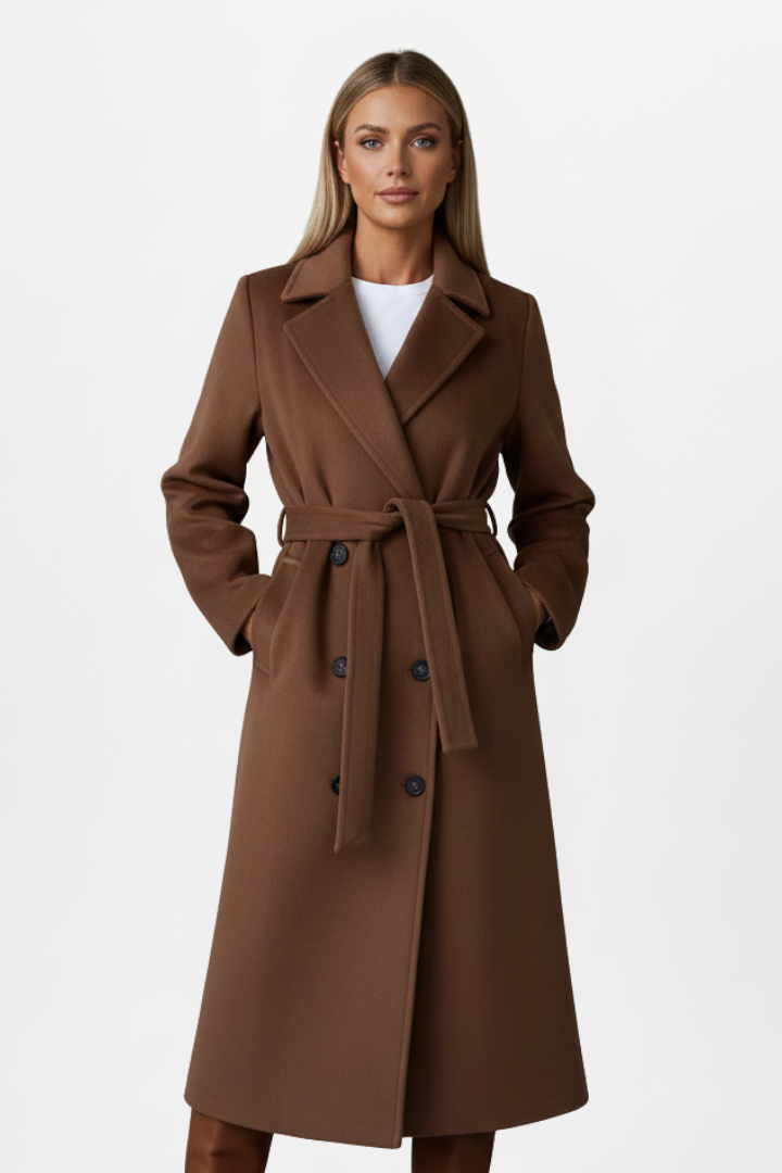 Tailored women's elegant long coat, double-breasted & belted, a chic staple for fall/winter outfits.