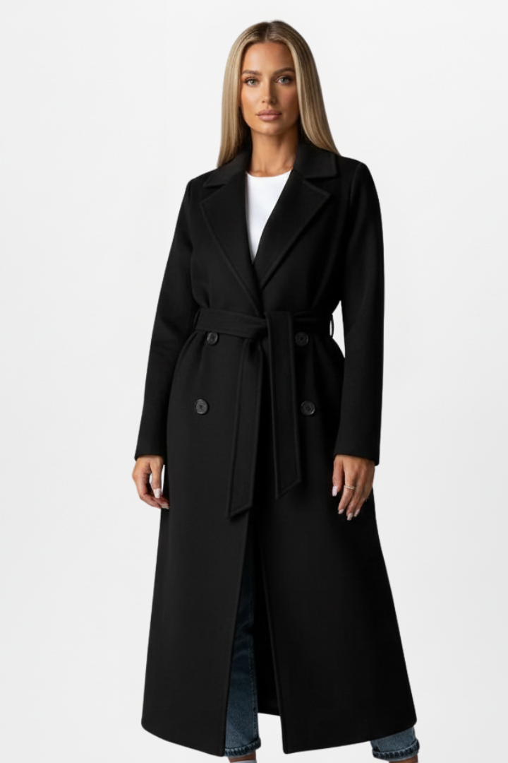 Sophisticated women's long belted coat, double-breasted front, ideal for professional workwear.