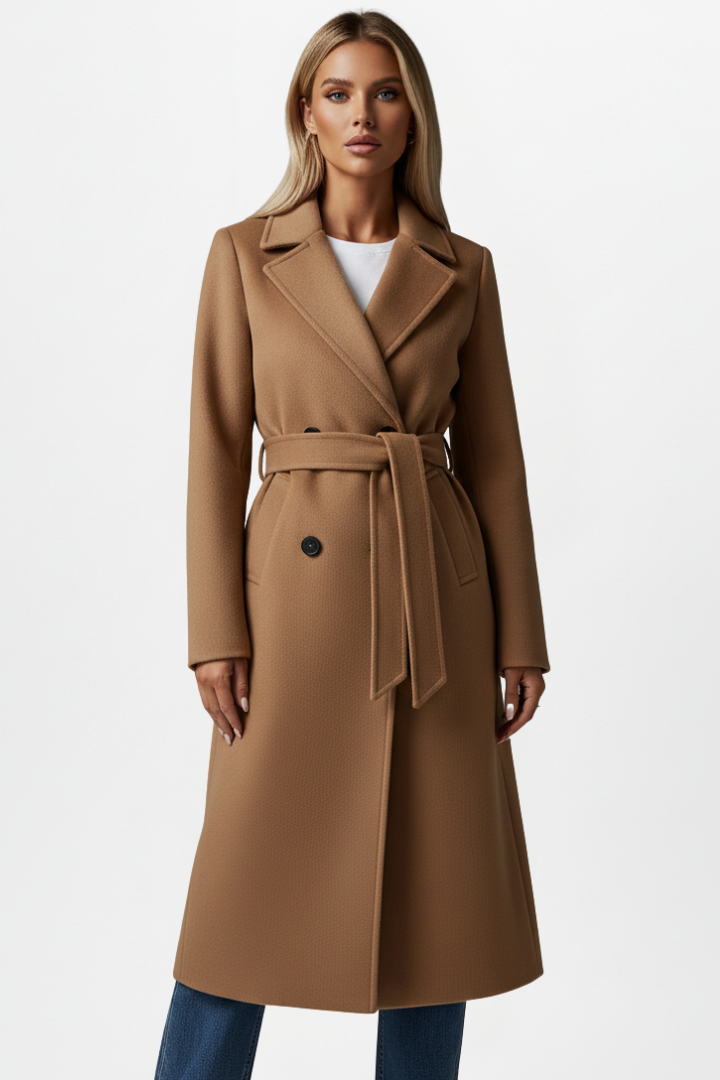 Women's classic double-breasted long coat, elegant and belted, essential outerwear for cool weather.