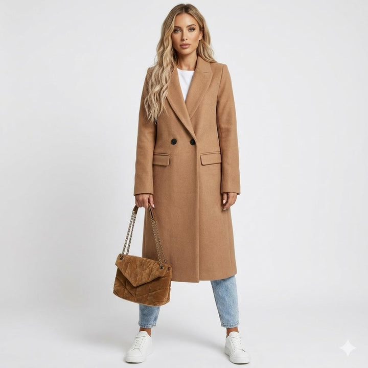 Elegant women's double breasted long trench coat with lapel collar, perfect for formal office wear & autumn fashion.