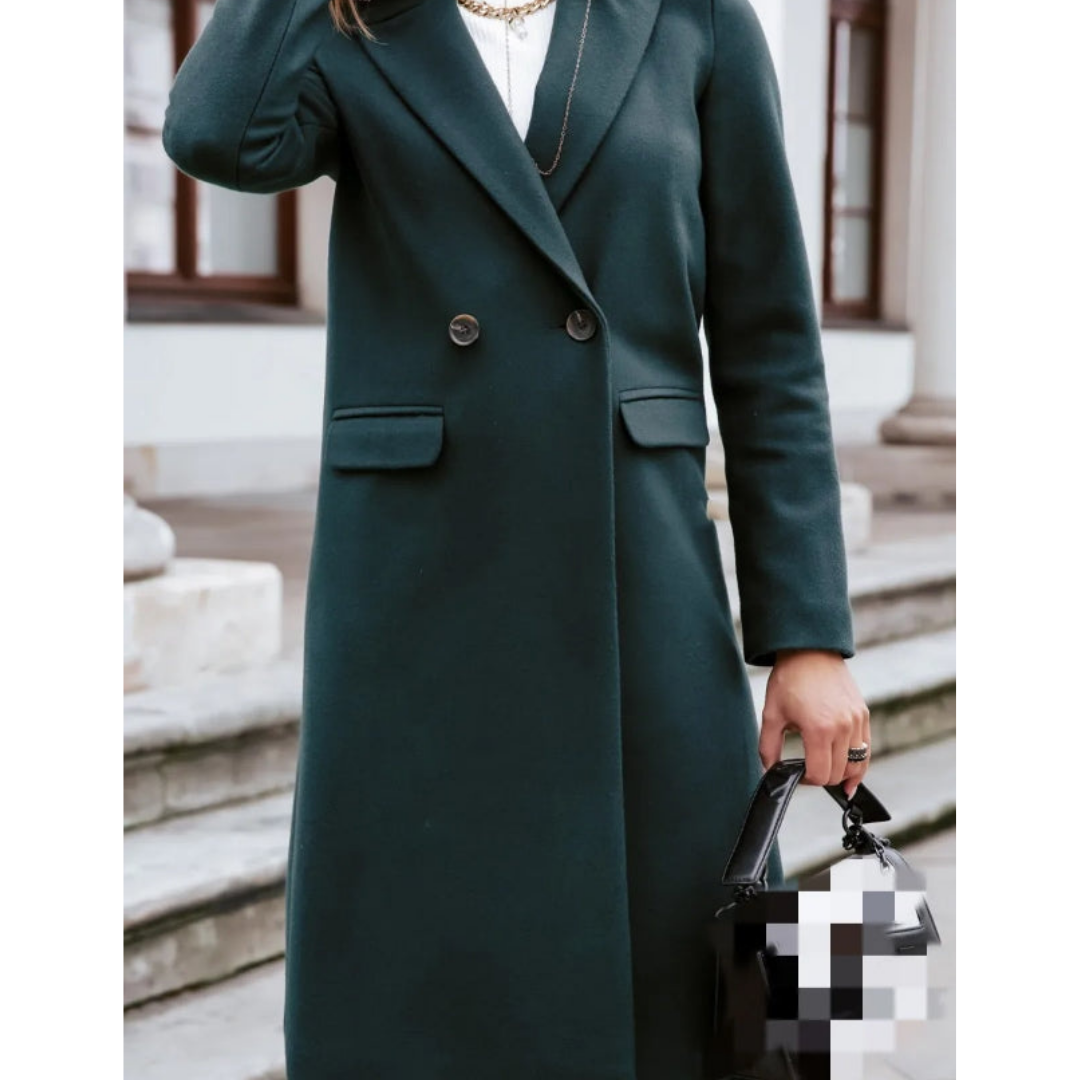 Professional women's long trench coat with lapel collar, styled for elegant office wear & autumn outerwear.