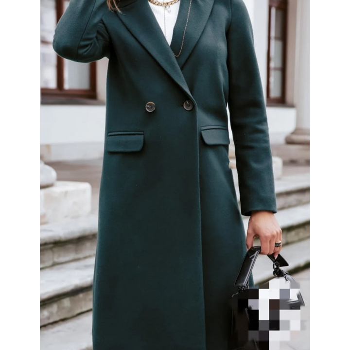 Professional women's long trench coat with lapel collar, styled for elegant office wear & autumn outerwear.
