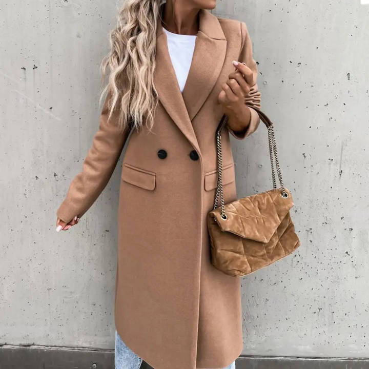 Versatile women's double-breasted long coat, lapel collar formal outerwear, suitable for professional & elegant style.
