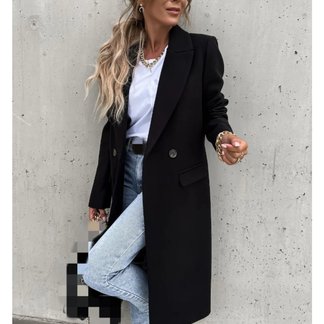 Luxurious women's long trench coat, double breasted with a sharp lapel collar, perfect for sophisticated formal outerwear.
