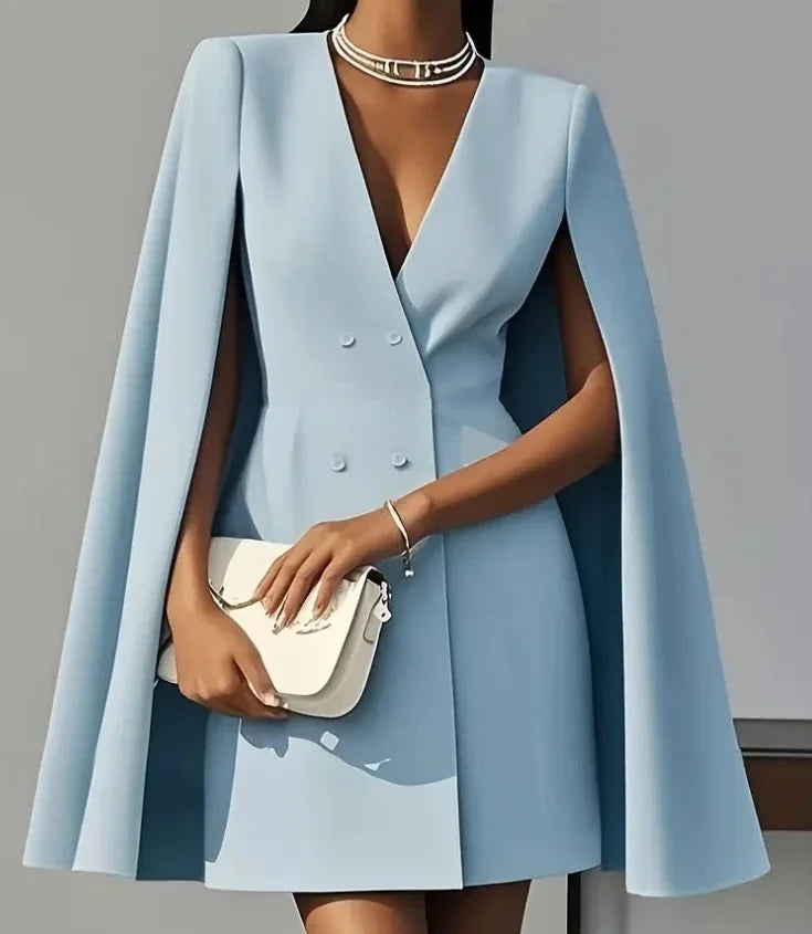 Women's business wear mini dress, double-breasted, with unique and elegant cape sleeves. Professional look.
