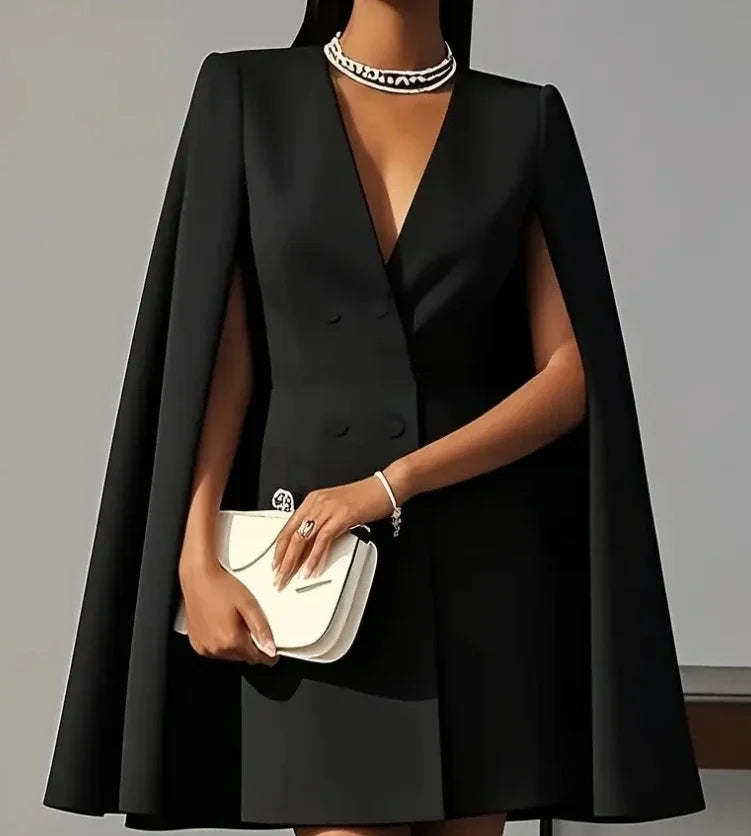 Stylish women's cocktail mini dress, double-breasted button front, and chic cape sleeves. Formal & trendy.