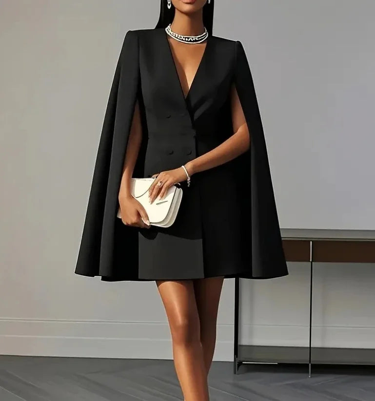Versatile women's double-breasted mini dress with sophisticated cape sleeves for formal or semi-formal events.