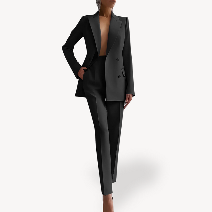 Elegant women's double-breasted pant suit set. Professional attire, business casual, or formal wear.