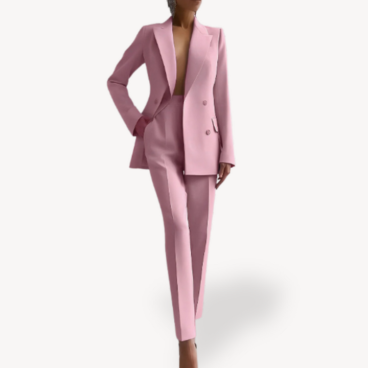 Sophisticated women's pant suit, a double-breasted blazer & tailored trousers for professional & formal occasions.