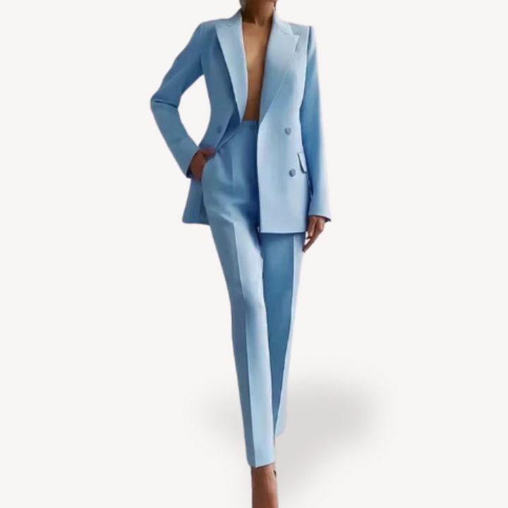 Elegant women's double-breasted pant suit for a chic, professional look. Perfect for business & formal wear.