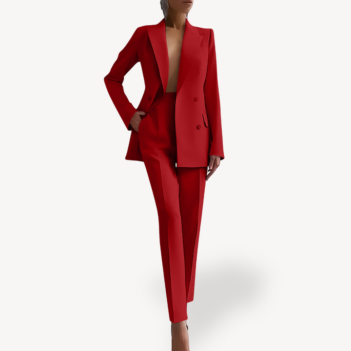 Professional women's pant suit set featuring a double-breasted blazer and tailored trousers for office or events.
