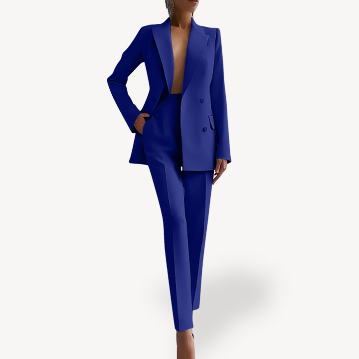 Modern women's elegant double-breasted pant suit set. Sophisticated 2-piece for professional & formal wear.
