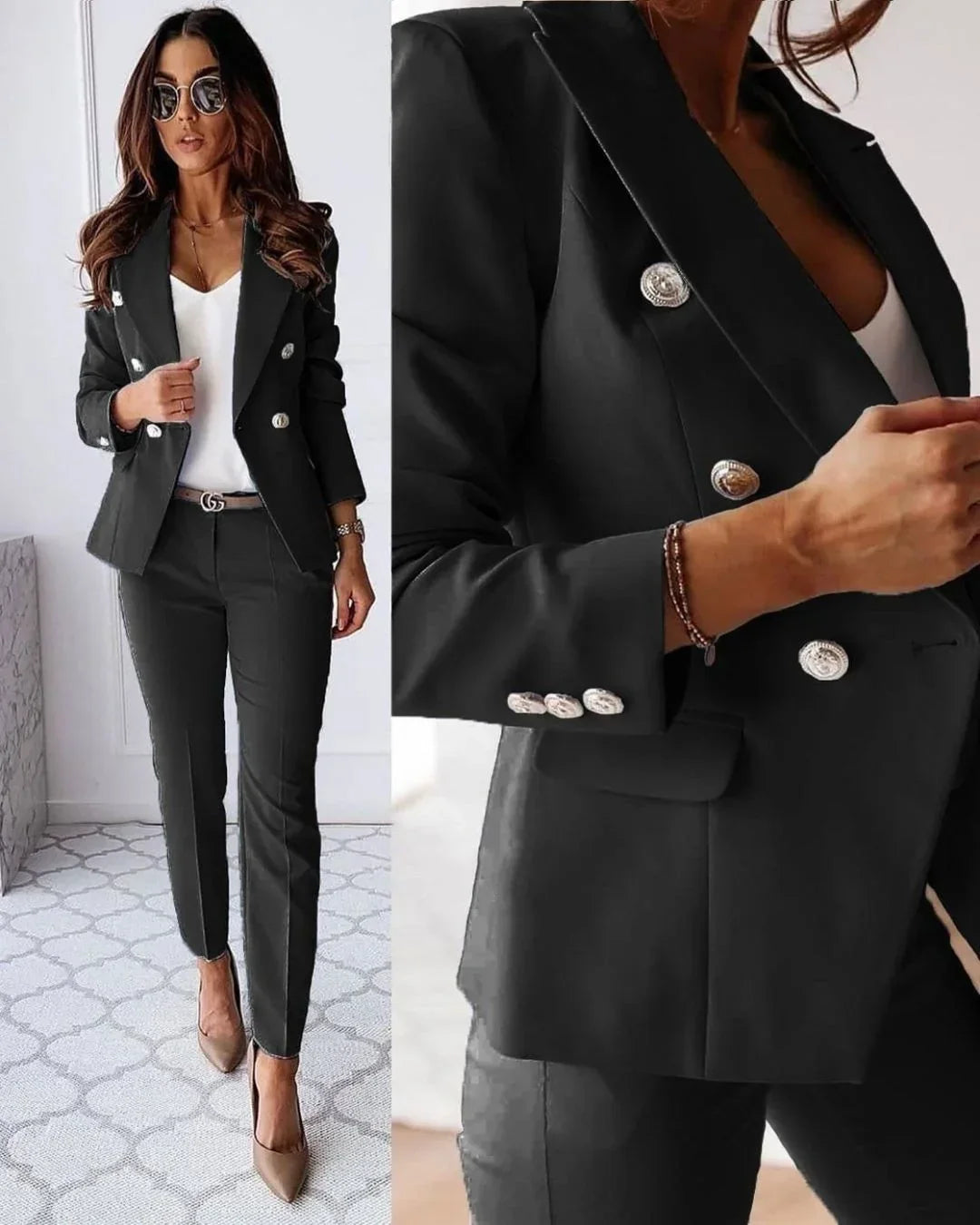 Elegant women's double-breasted tailored blazer & trousers suit set. Ideal for professional attire.