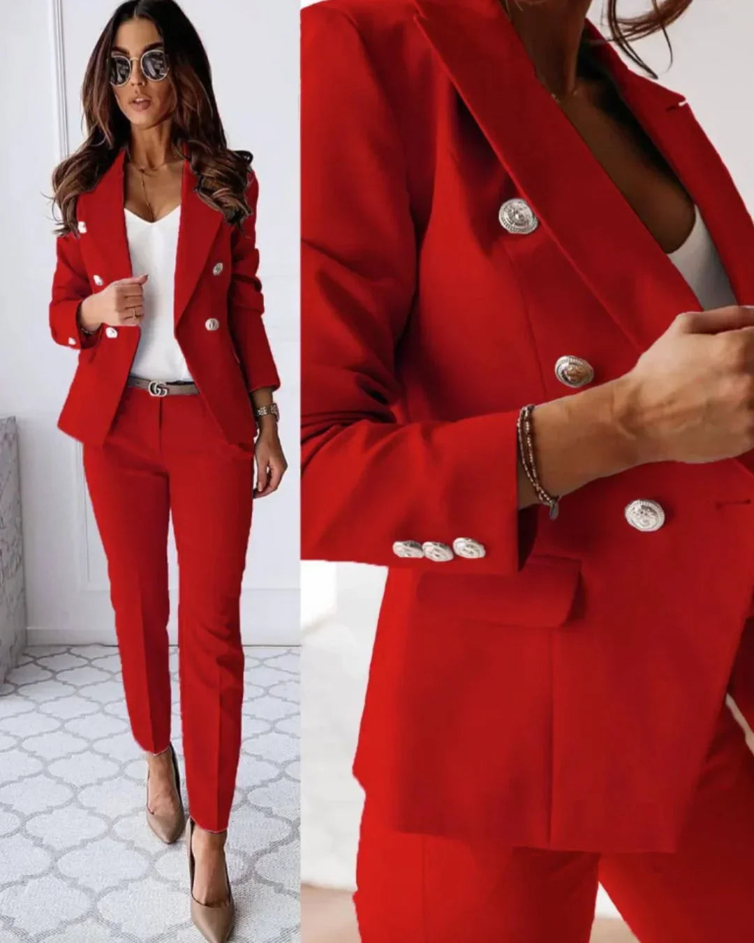 Stylish womenswear business suit featuring a double-breasted tailored blazer and matching trousers.
