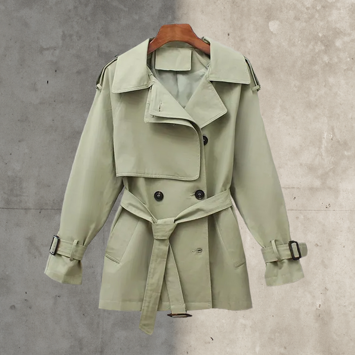 Elegant women's double-breasted trench coat with belt, perfect for classic spring & autumn outerwear.