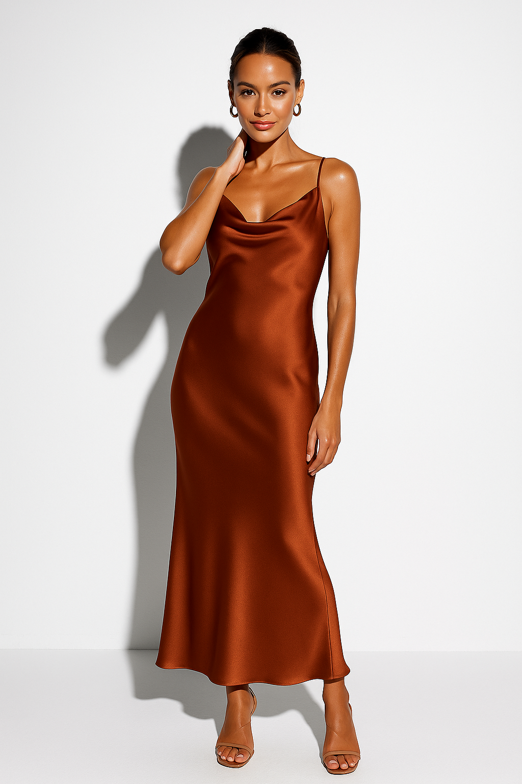Beautiful women's elegant midi dress featuring a draped cowl neck, ideal for evening and special events.