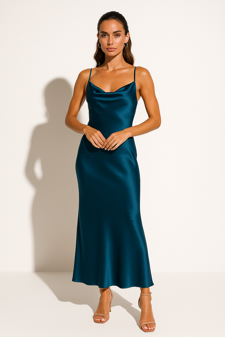 Sleek women's sleeveless cowl neck midi dress, an elegant choice for evening wear & formal occasions.