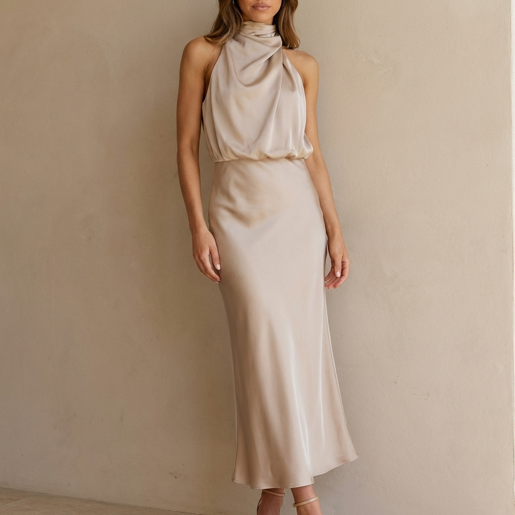 Elegant women's draped halter neck midi dress with blouson waist, perfect for evening wear.