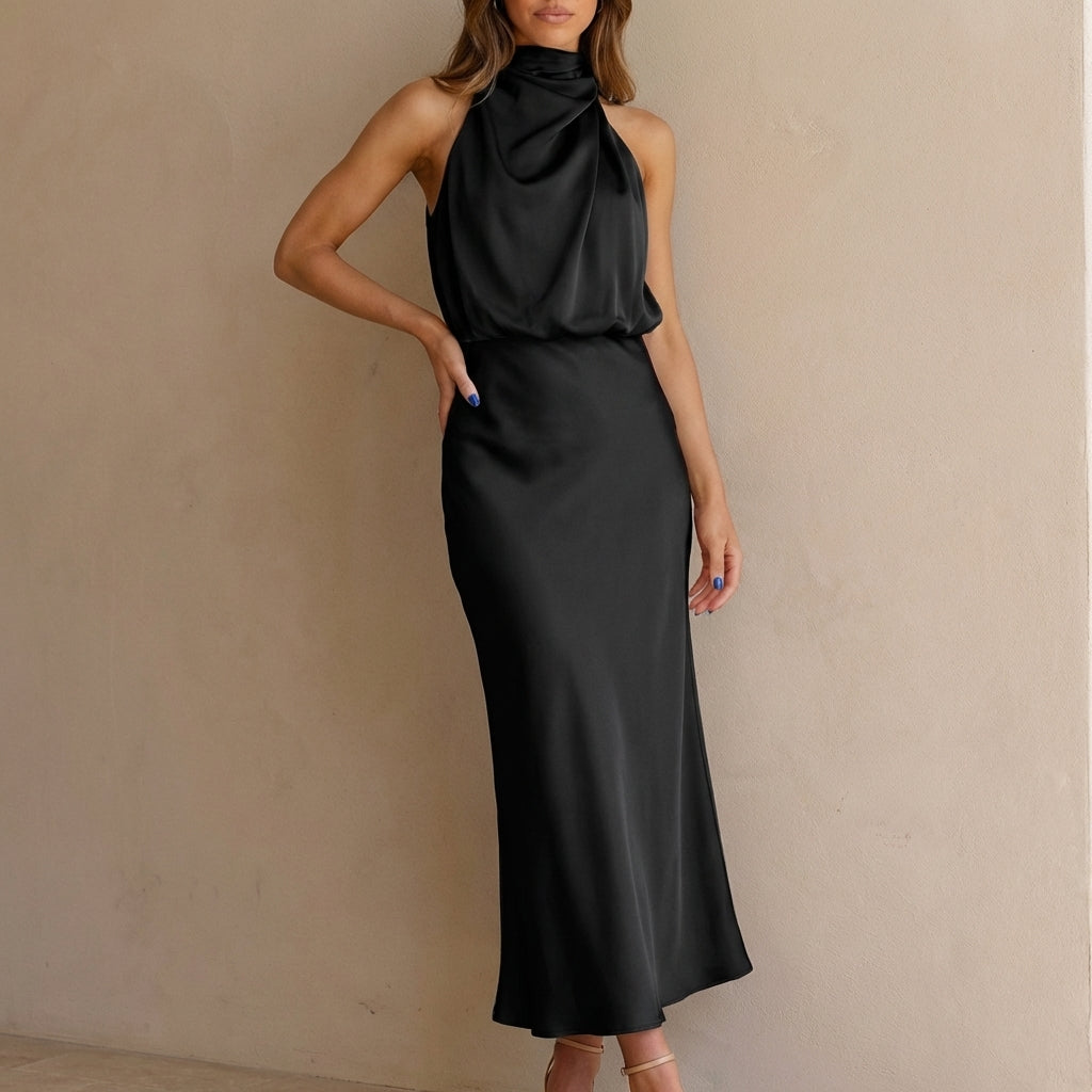 Sophisticated women's sleeveless midi dress featuring a draped halter neck and blouson waist for formal events.