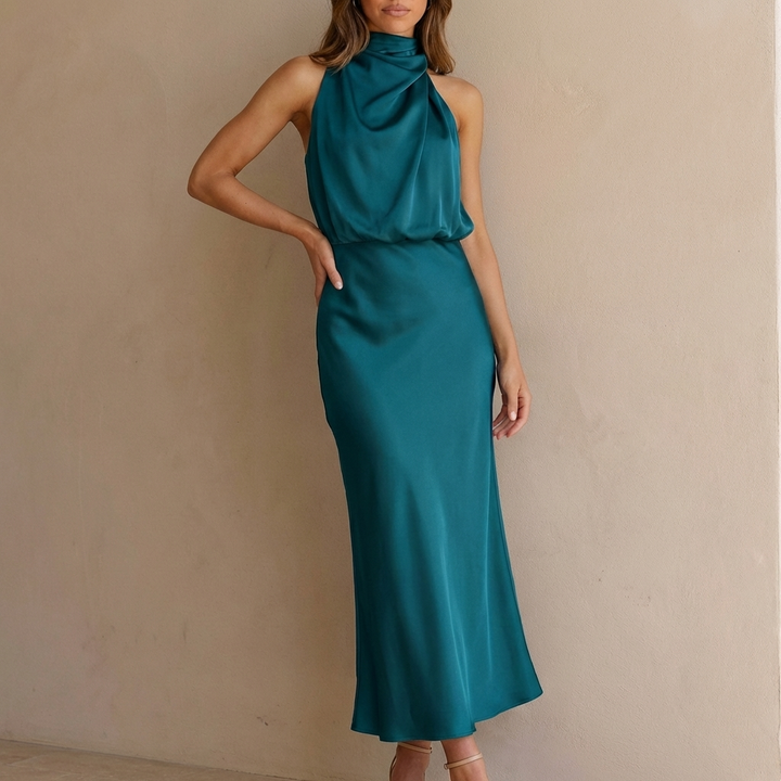 Chic women's draped halter neck midi dress, ideal for cocktail parties, evening events & special occasions.