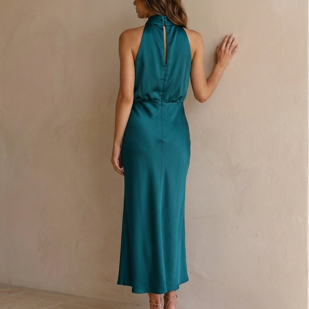 Graceful women's draped halter neck midi dress, suitable for evening, cocktail, and formal parties.
