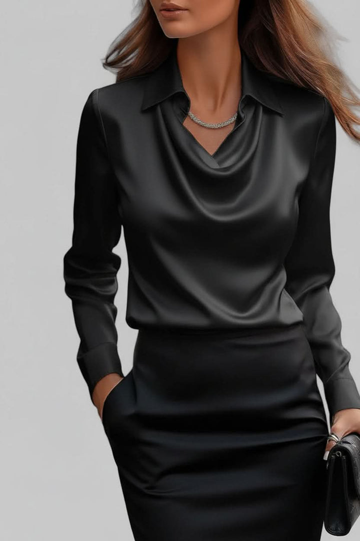 Professional women's business casual blouse, a versatile long sleeve draped top for work or events.