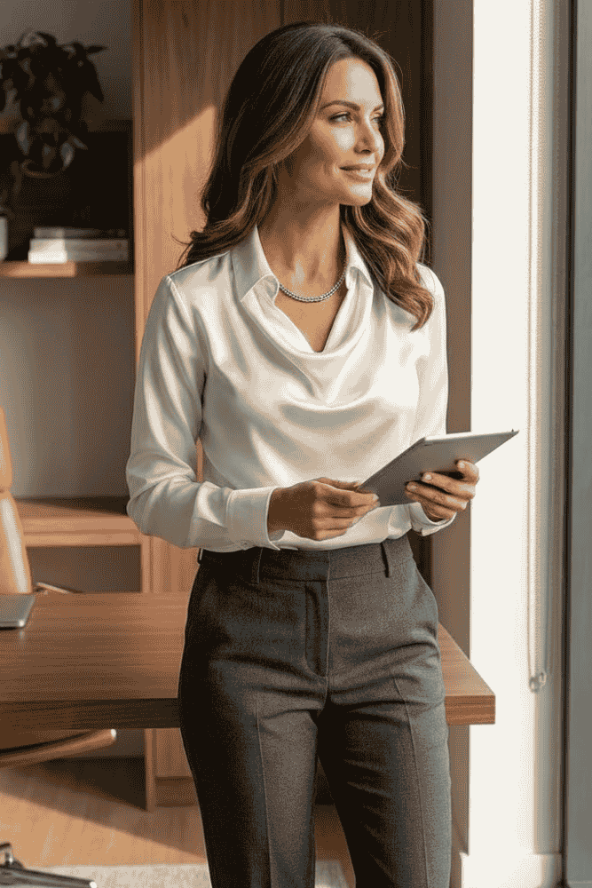 Flowing long sleeve women's blouse with delicate draping, ideal for business casual style.