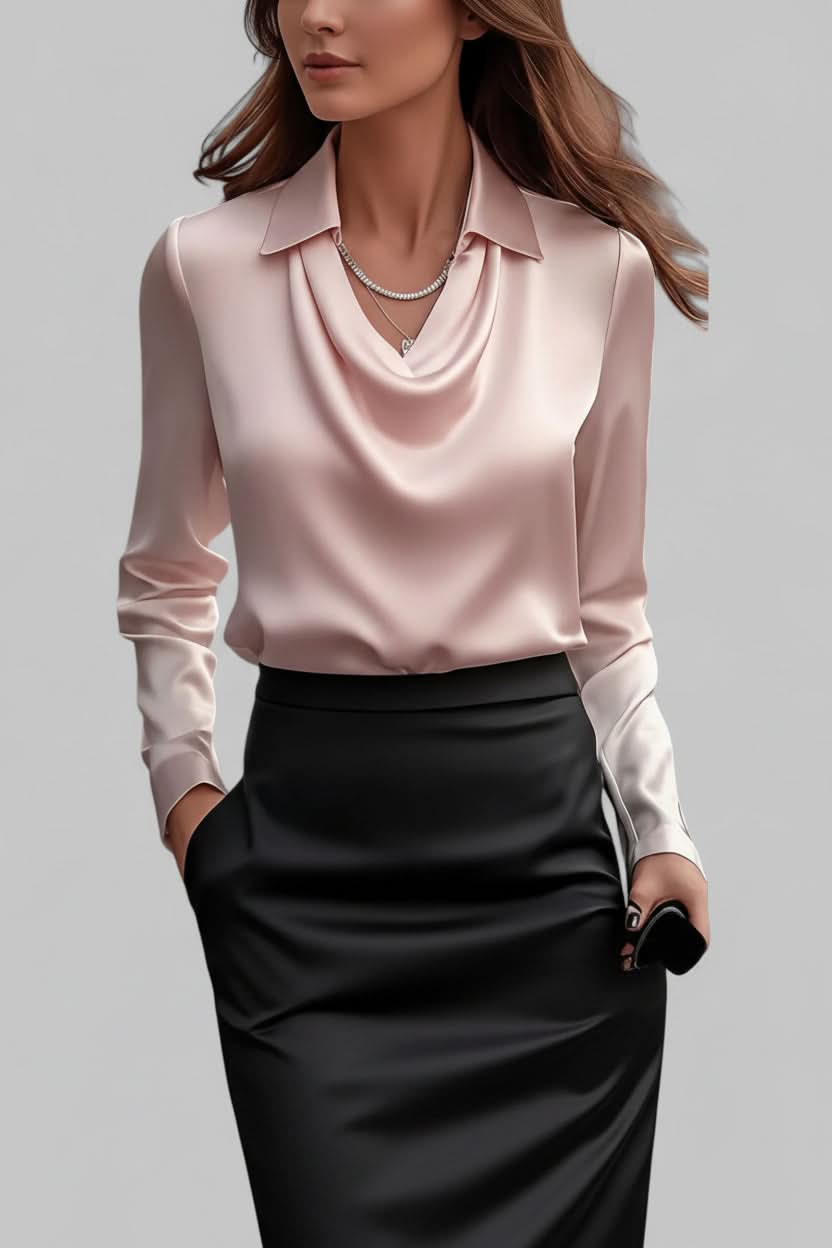 Versatile women's elegant blouse with long sleeves, draped front for a chic, polished look.