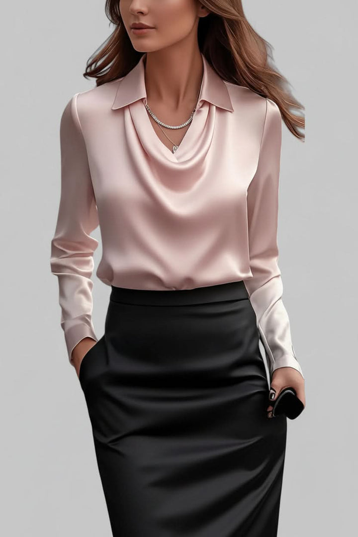 Versatile women's elegant blouse with long sleeves, draped front for a chic, polished look.