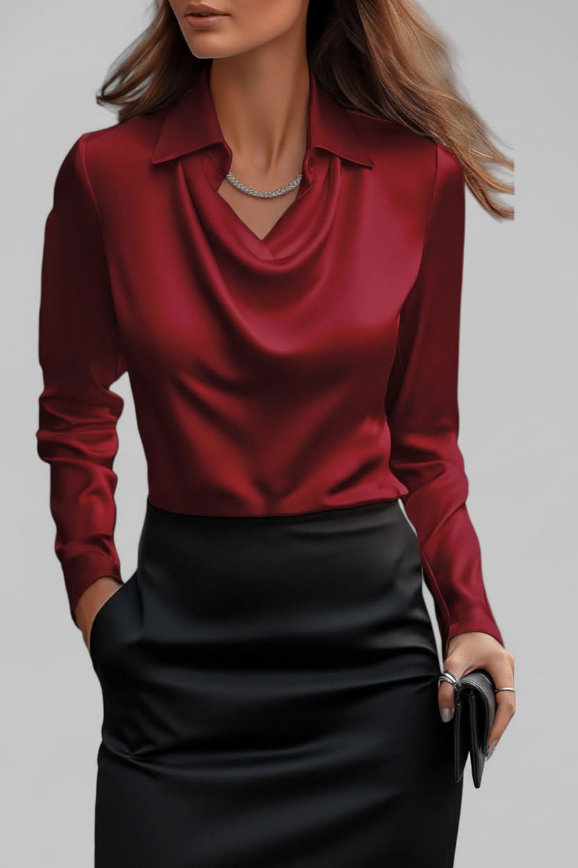 Classic women's long sleeve blouse, featuring elegant draping for a sophisticated business look.