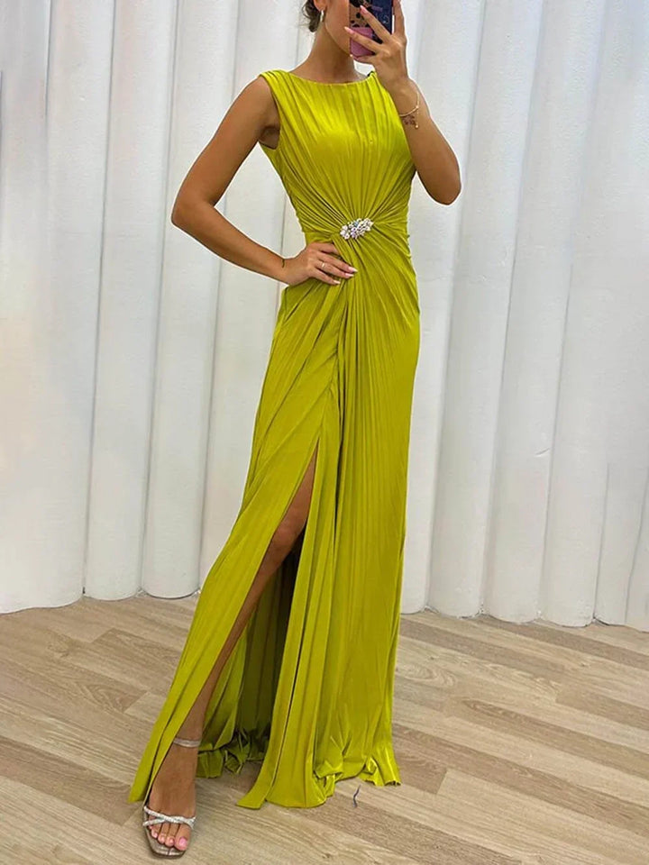 Elegant women's draped maxi dress, perfect for wedding guests or formal evening events.