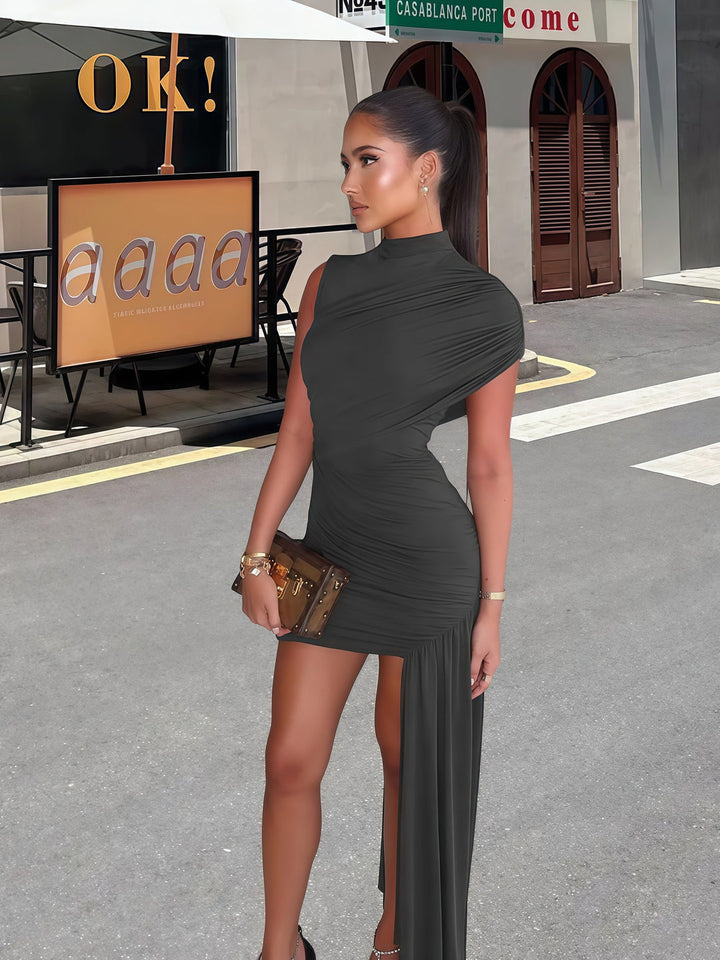 Draped mini dress for women, an elegant choice for parties & special occasions. Features a chic asymmetrical design.