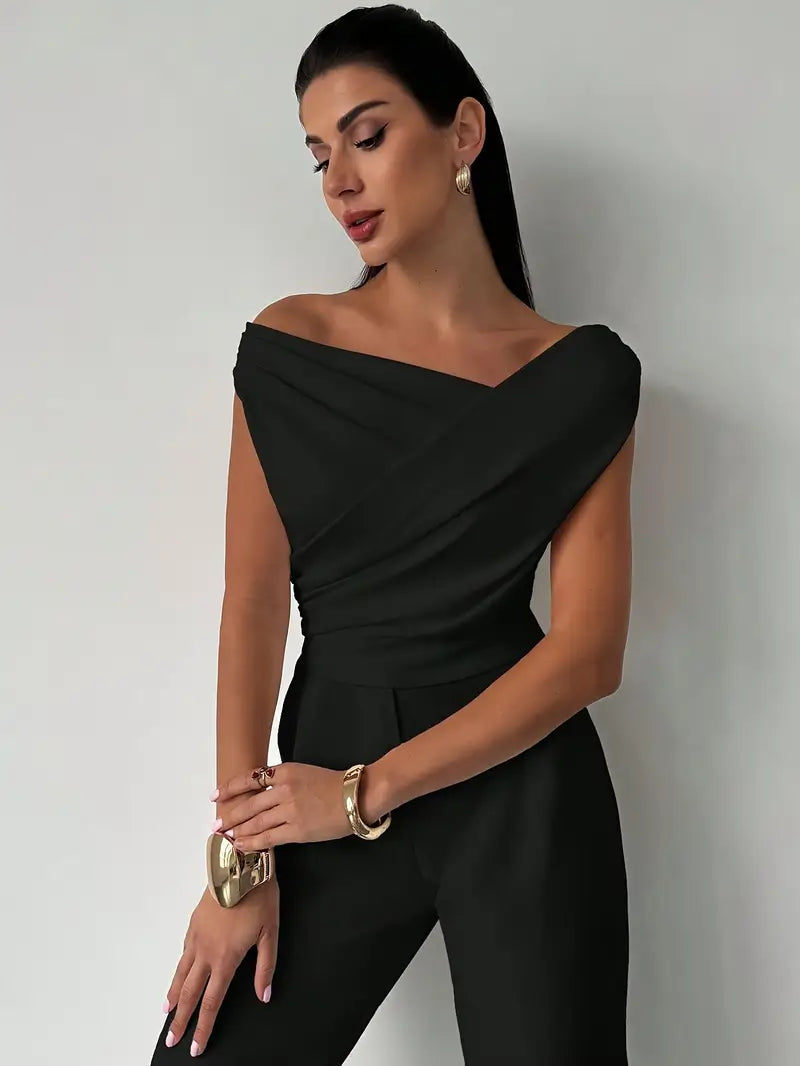 Elegant women's draped shoulder top, perfect for workwear or a stylish dinner outfit.